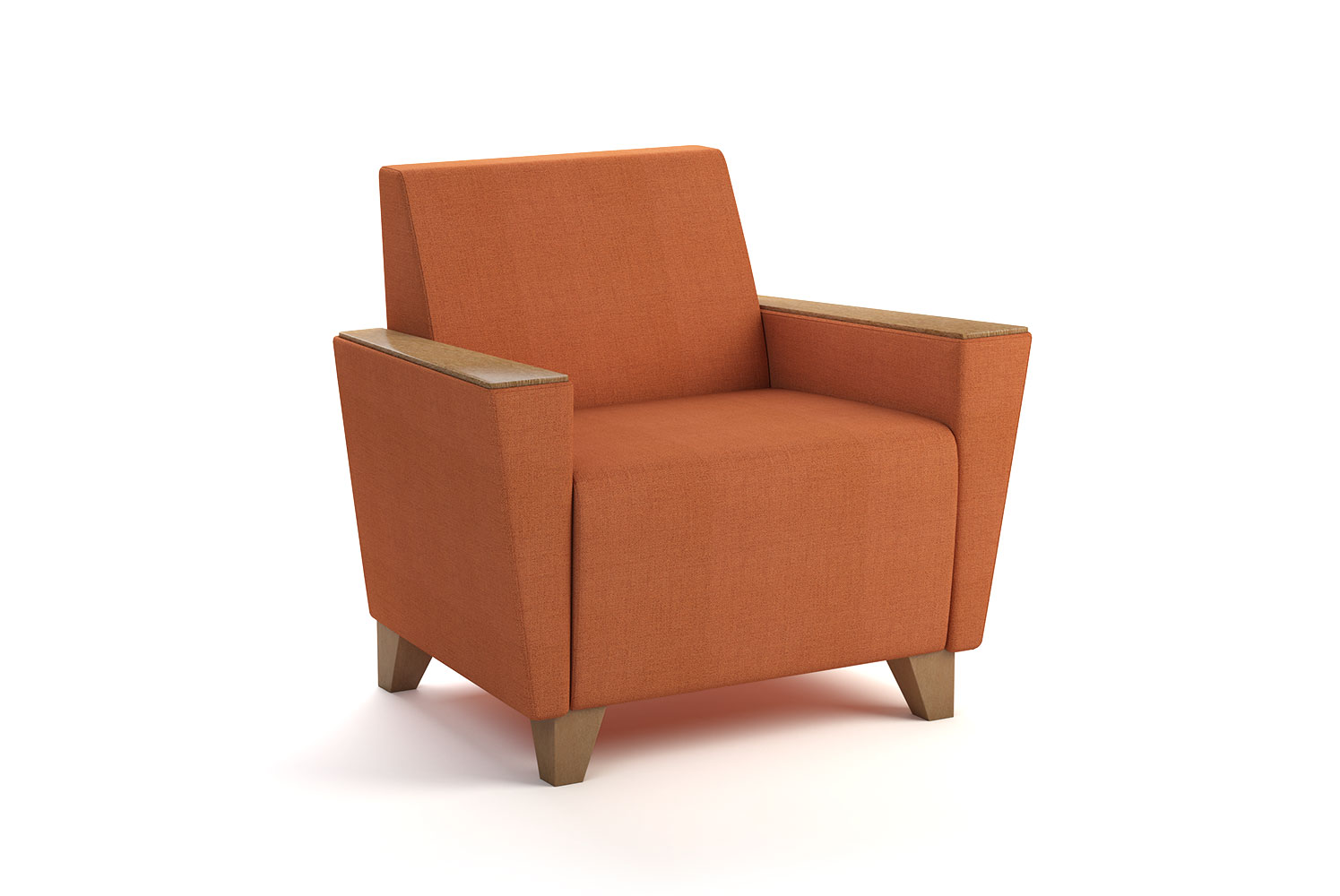 Flair lounge in orange color with wood legs and optional arm caps