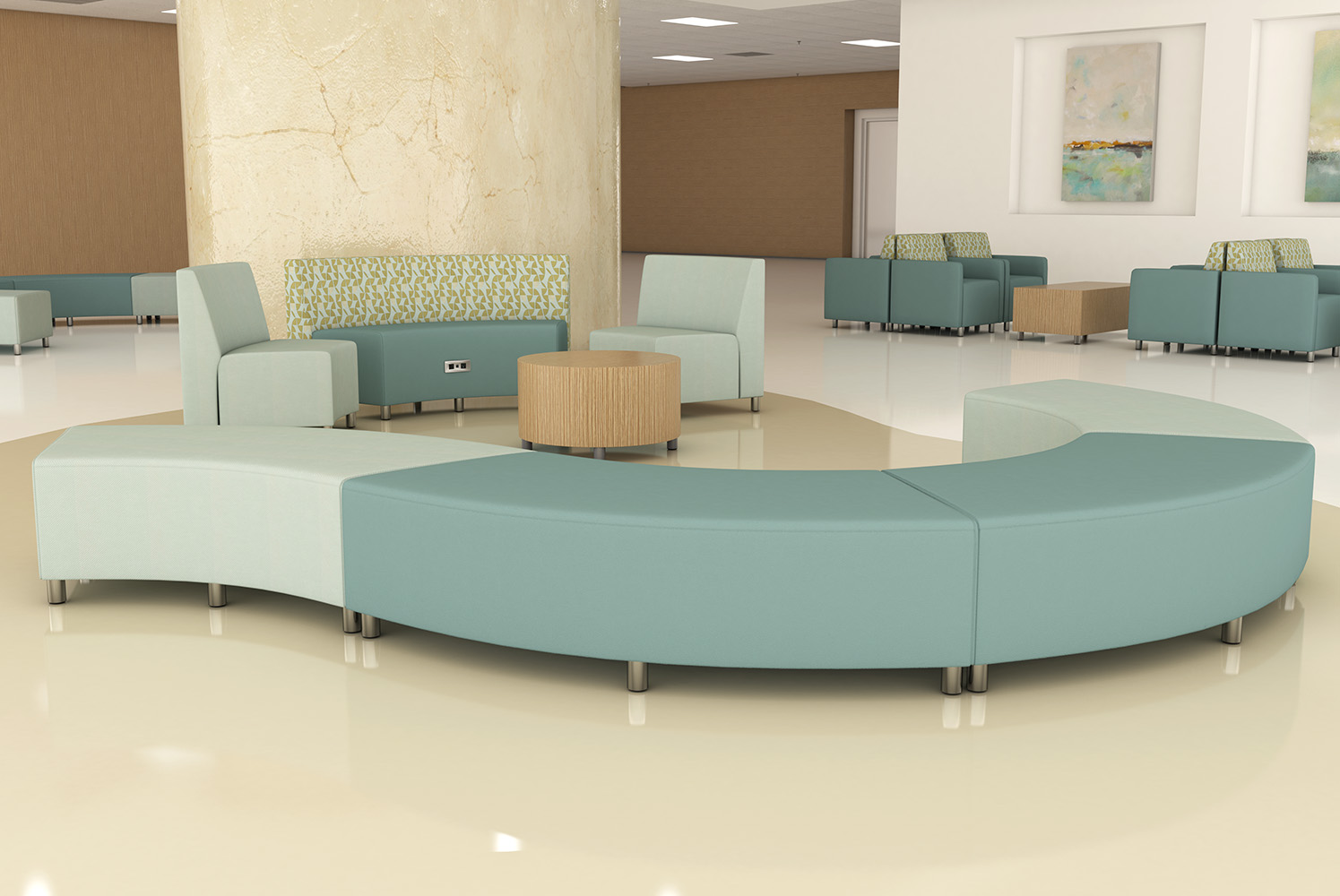 Lobby featuring Raven modular seating and Treno occasional tables