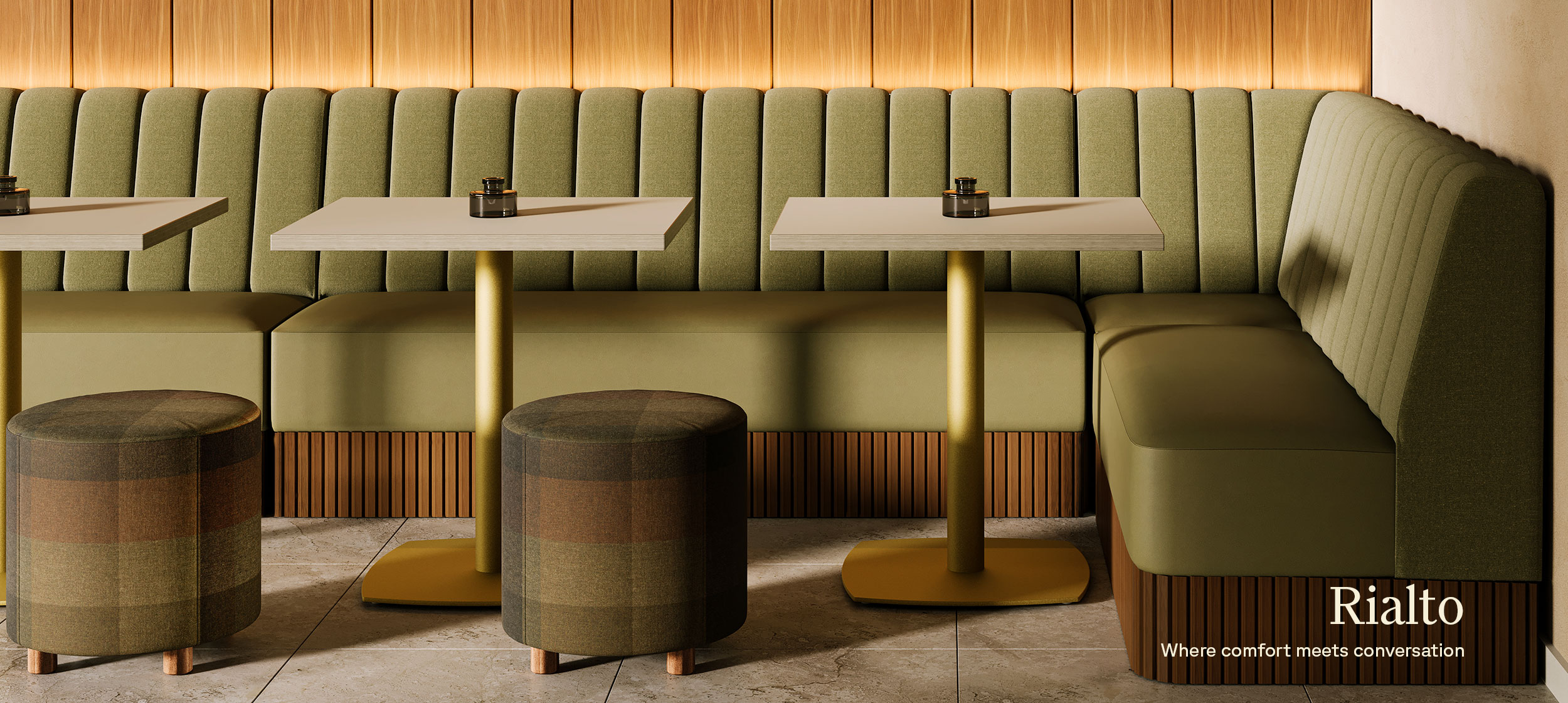 Rialto Banquette with Dalma Cafe Tables and Raven Ottoman