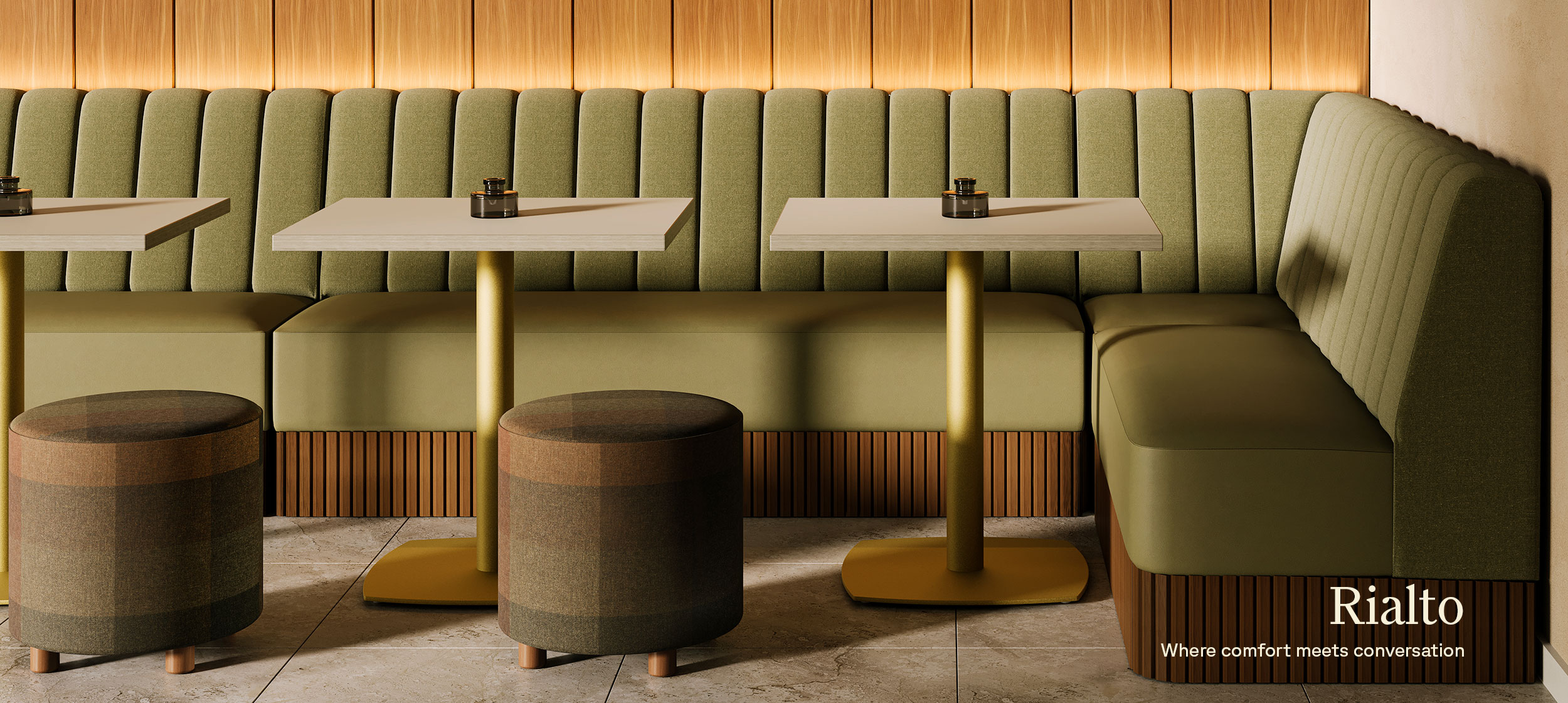 Rialto Banquette with Dalma Cafe Tables and Raven Ottoman