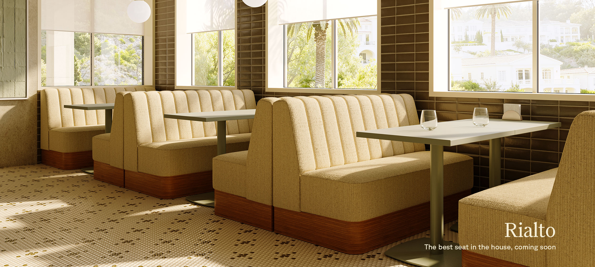 Rialto Banquettes with Dalma Cafe Tables, coming soon