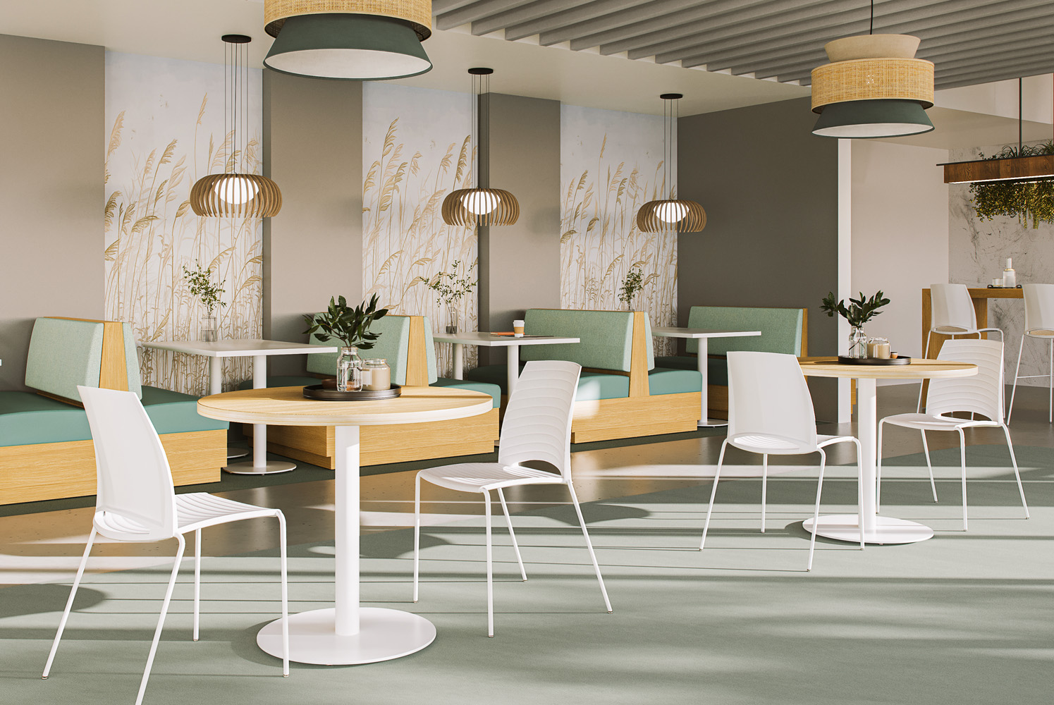 Verona banquettes, Corsa tables and Gobi chairs Cafeteria Scene